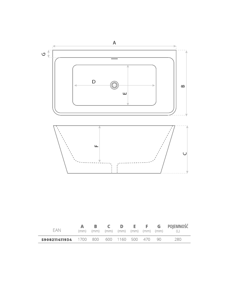 Baignoire sur pieds suspendue Mensola 1700