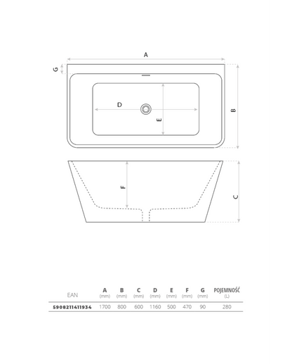 Baignoire sur pieds suspendue Mensola 1700